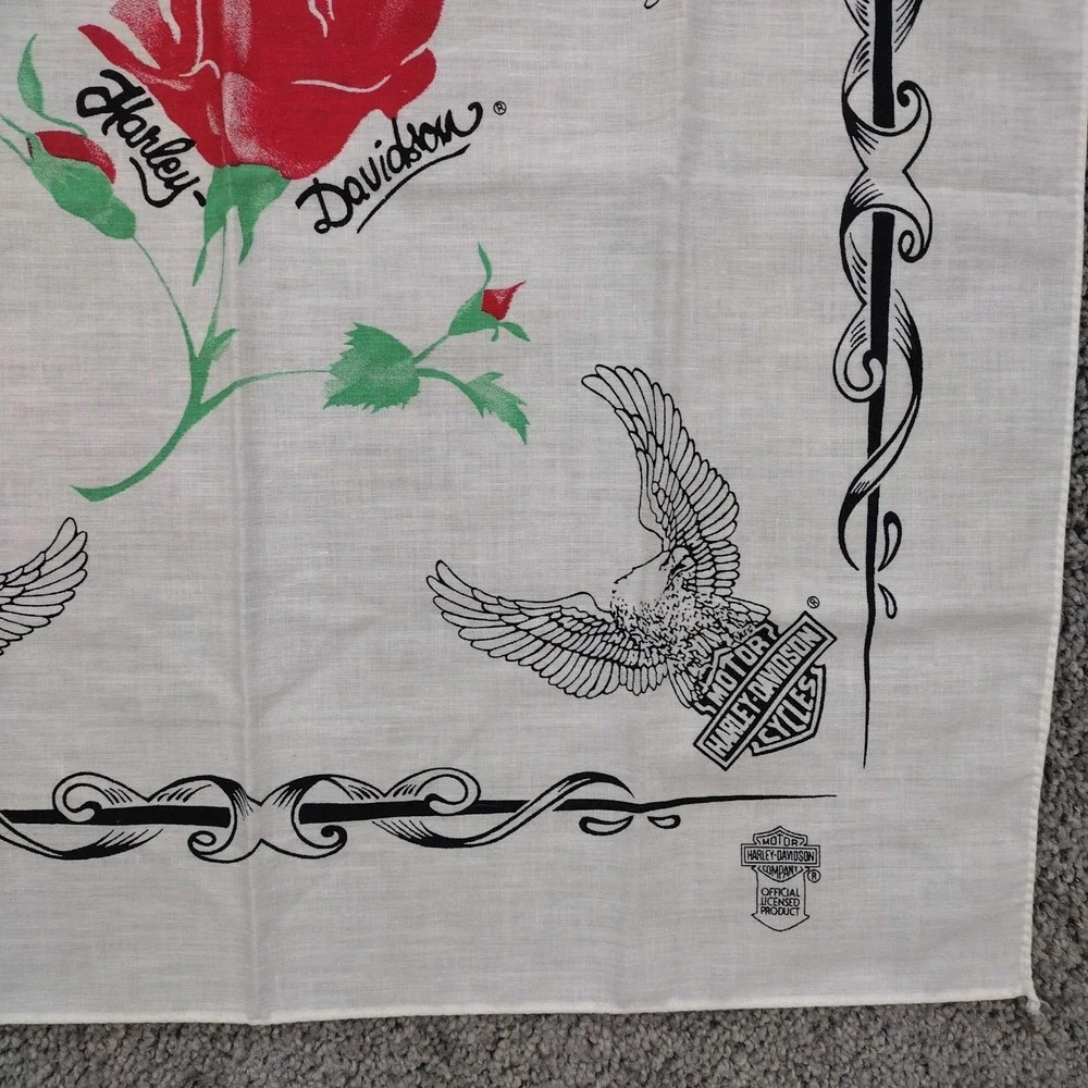 Vintage 80s Harley Davidson Bandana Rose Upwing Eagle Bar Shield USA Made White